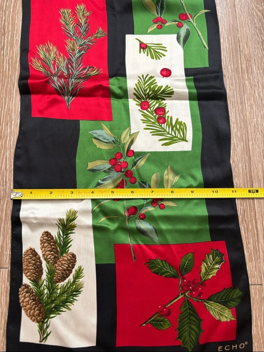 Vintage Echo silk scarf, Christmas/Holiday/Winter berry & holly print 11”x53”